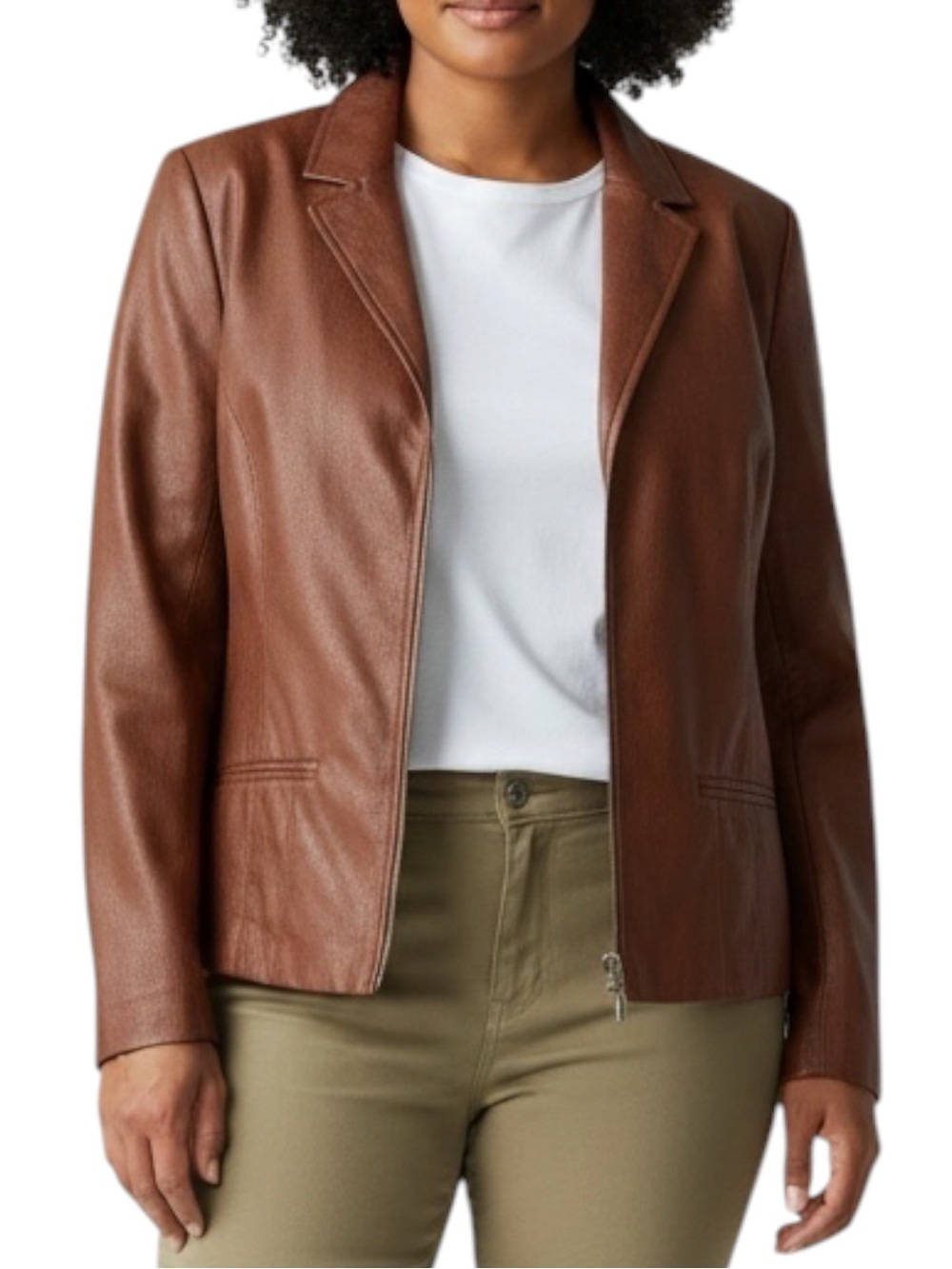 CHICO’s Faux Pebbled Leather Zip Up Jacket in Cognac Brown Size 3 (16/18)